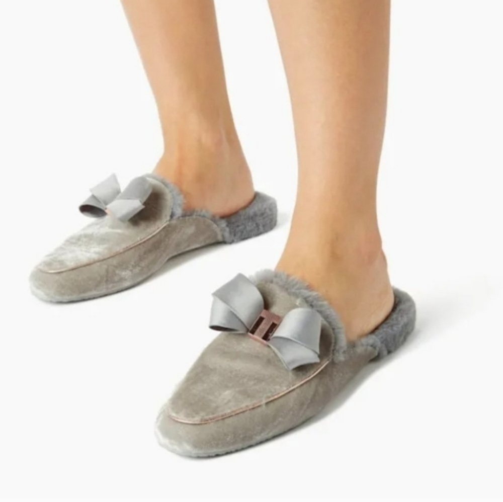 Ted  Baker London Bhaybe Grey Rosegold Fur Fluffy Cozy Mule Slippers sz 9.5